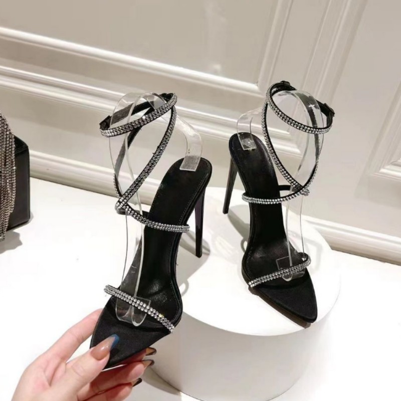 Yeni Sandalet Siyah Deri Sandalet Rhinestone-Strapt Strap Makara Topukları Sky-High Heel için 11mm Kadınlar Yaz Lüks Tasarımcılar Ayakkabı Parti Topuklu Fabrika Ayakkabı41