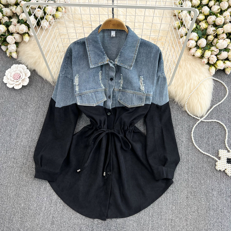 Turn Down Collar Contrast Color Denim Patchwork Blouse Single-breasted Drawstring Blusa Korean 2023 Loose Casual Shirt 2023