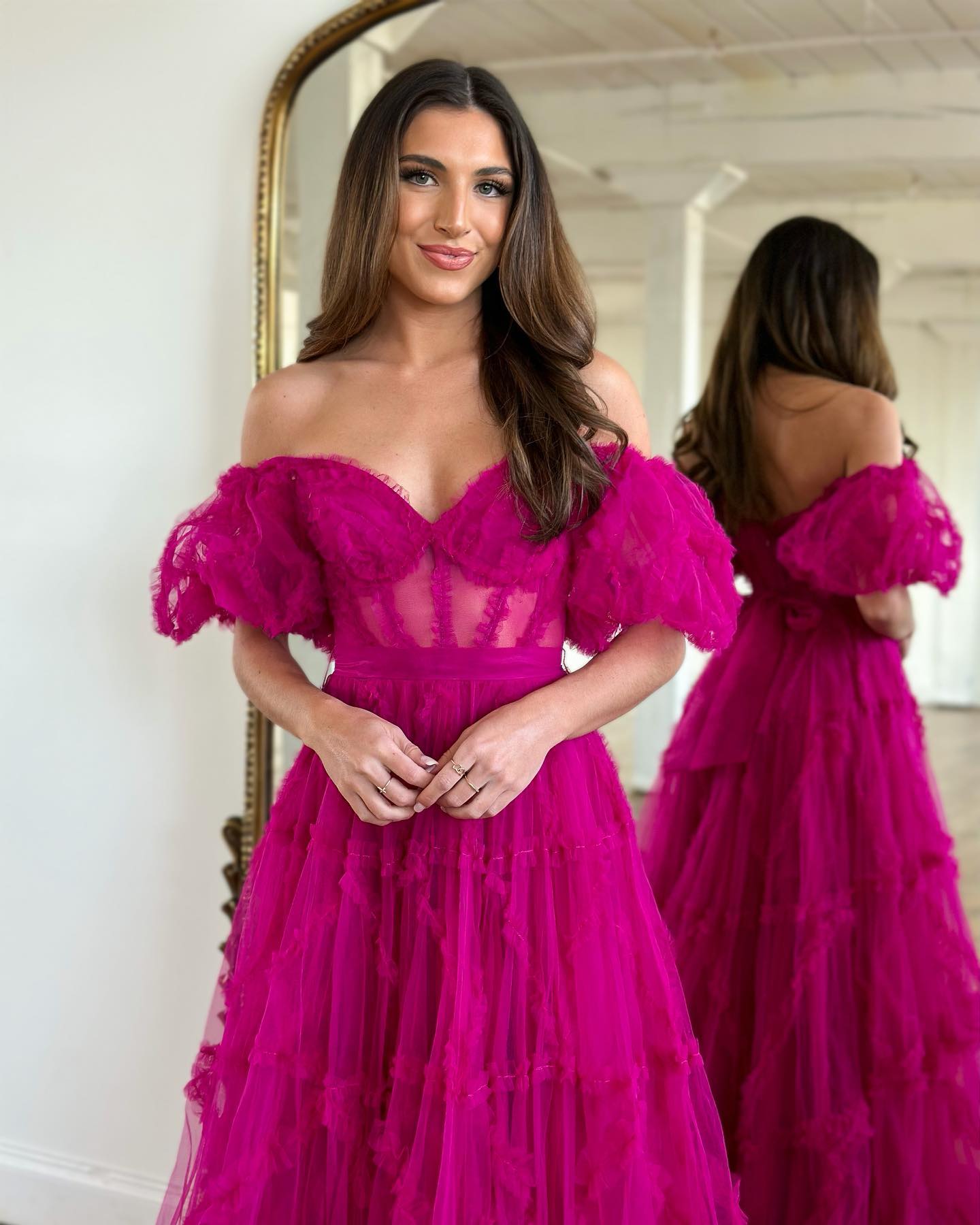 Abito da ballo color caramella 2k23 Sheer Ruffled Sweetheart Neck Off-spalla A-line Abiti da spettacolo Maniche ad aletta gonfie Corsetto Corpetto Evento formale Party Runway Lilla Fucsia