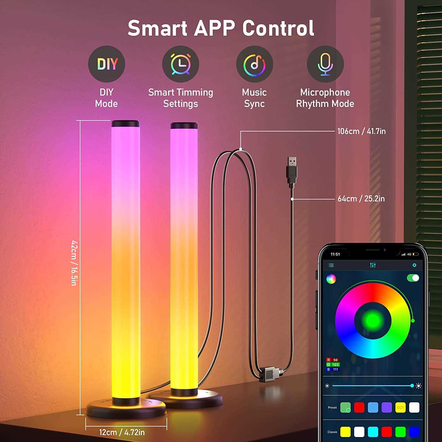 Nattljus RGBIC Night Light Bar Smart App Control Musik Synkronisering för PC TV -spelrum sovrum Desktop Night Lamp Ambient LightingJ230225