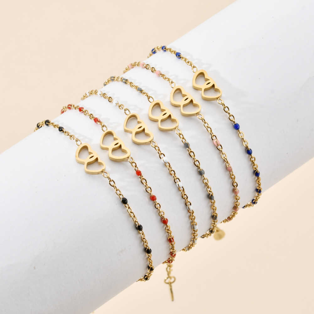 Cadena de eslabones ZMZY 6 unids / set lotes Comercio al por mayor Moda Corazón Doble Pulsera Tobillera Para Mujeres Pulseras de Cadena de Acero Inoxidable Ajustable Joyería G230222