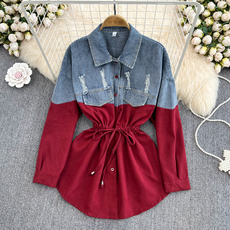 Turn Down Collar Contrast Color Denim Patchwork Blouse Single-breasted Drawstring Blusa Korean 2023 Loose Casual Shirt 2023