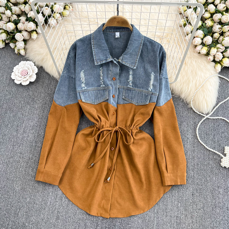 Turn Down Collar Contrast Color Denim Patchwork Blouse Single-breasted Drawstring Blusa Korean 2023 Loose Casual Shirt 2023
