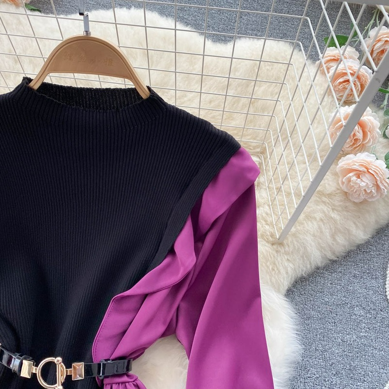 Korean Dresses Stand Neck Long Sleeve Contrast Color Patchwork Knit Robe Femme Slim Waist Belt Pleated Vestidos De Mujer 2023