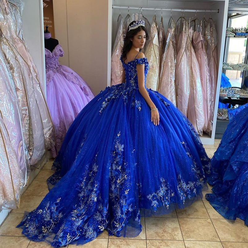 Royal Blue Quinceanera Dresses Ball Gown Sequined Beading Off the Shoulder Handmade Flowers Crystal Corset Sweet 15 Party Wear