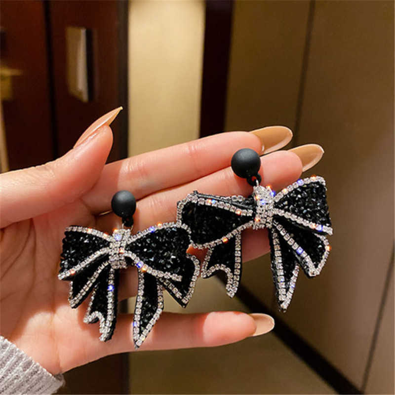Charm Fyuan Korean Style Black Bowknot Dingle Earrings for Women Rhinestone Earrings Weddings Party Jewelry Accessories G230225