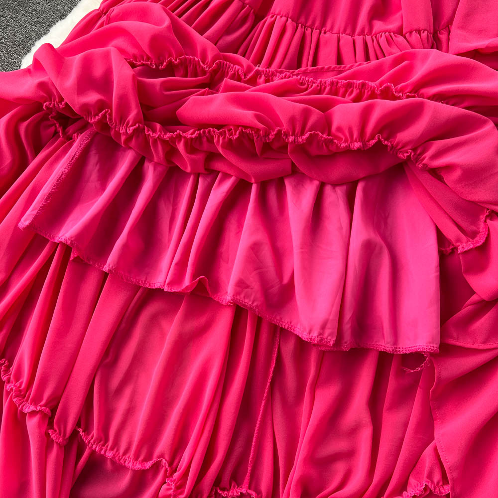 Red Nieuwe Casual Jurken Summer Solid Slim Full Lady Dress A Line V Neck Chiffon Pullover Mid-Calf High Taille Women Jurken 2023