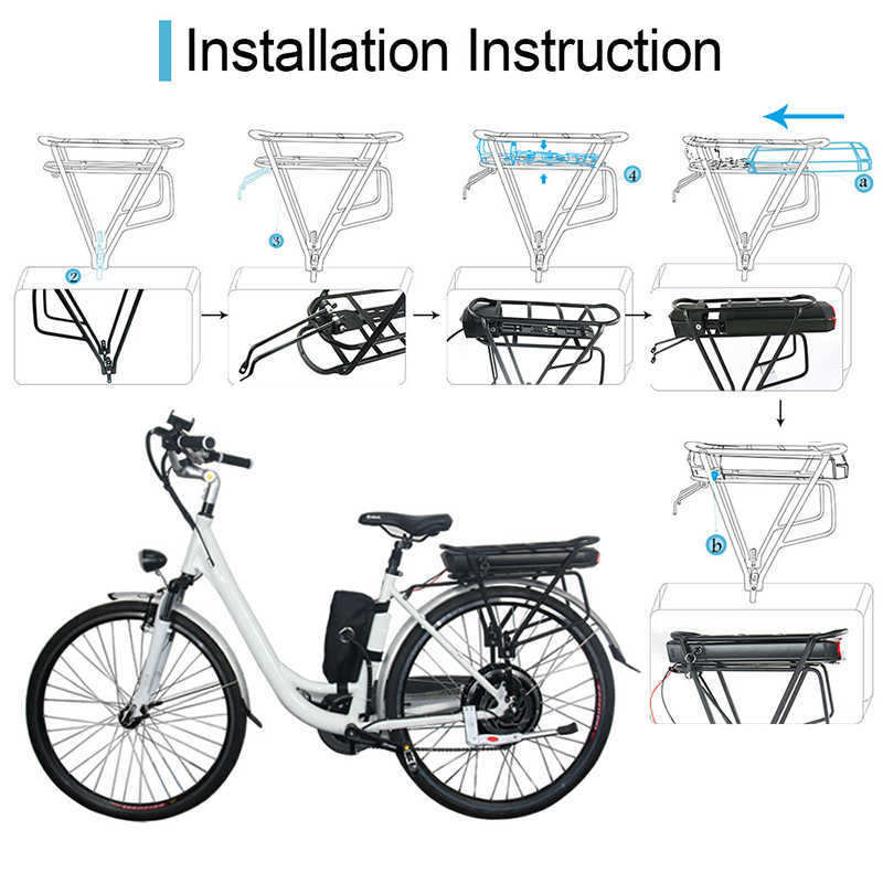 Bateria traseira Ebike 36V 17,5AH para 250W-1000W Electric 18650 48V Battery Pack com cabide de bagagem Carregador de presente de luz traseira Free Free