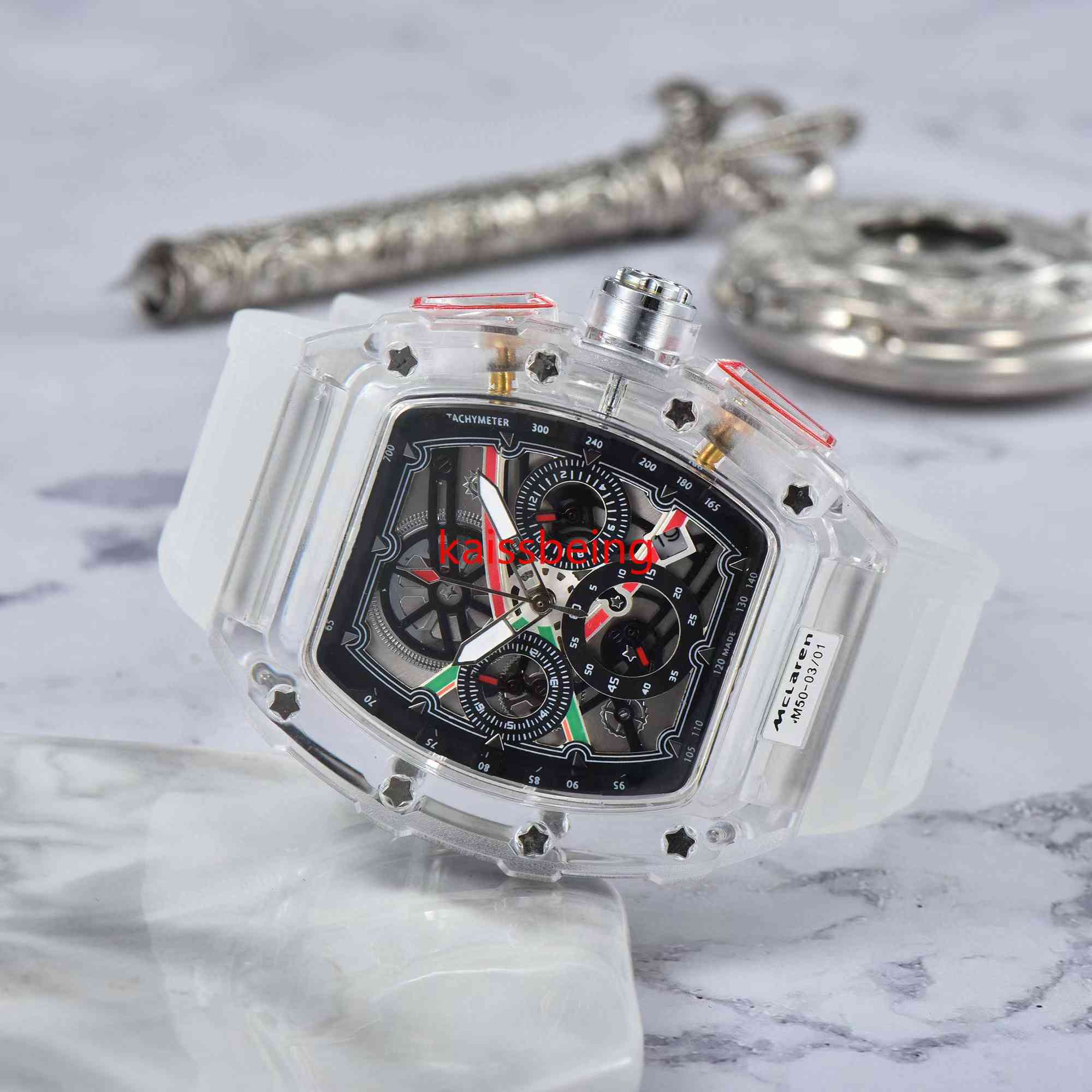 Erkekler Lüks Tasarımcı Sport Saatleri Moda Şeffaf Kılıf 44mm Kronograf Kollwatches Silikon Kayış Kavrama Erkekler Saat