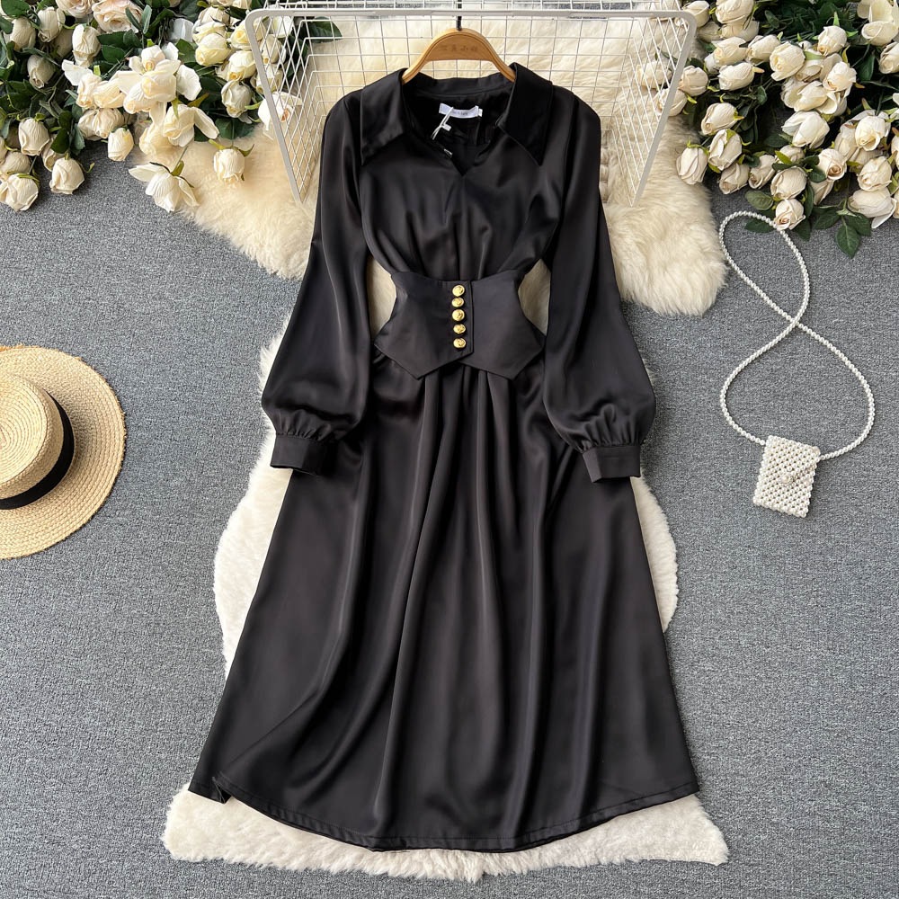 New Casual Spring Autumn Casual Dresses Solid Slim Full Lady Dress A Line Turndown Collar Chiffon Pullover Mid-Calf Women Dresses 2023