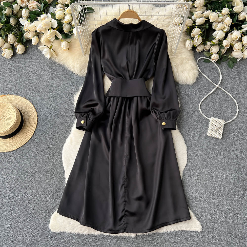 New Casual Spring Autumn Casual Dresses Solid Slim Full Lady Dress A Line Turndown Collar Chiffon Pullover Mid-Calf Women Dresses 2023