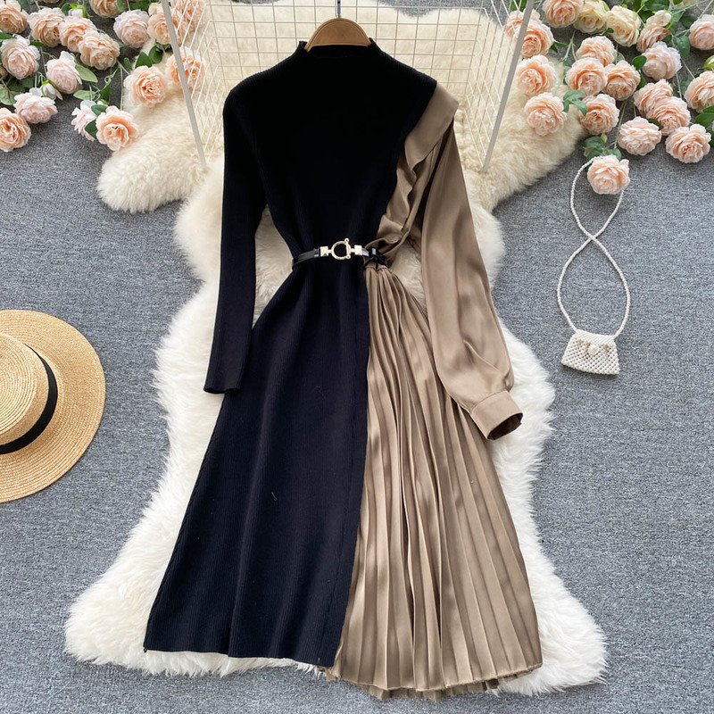 Korean Dresses Stand Neck Long Sleeve Contrast Color Patchwork Knit Robe Femme Slim Waist Belt Pleated Vestidos De Mujer 2023