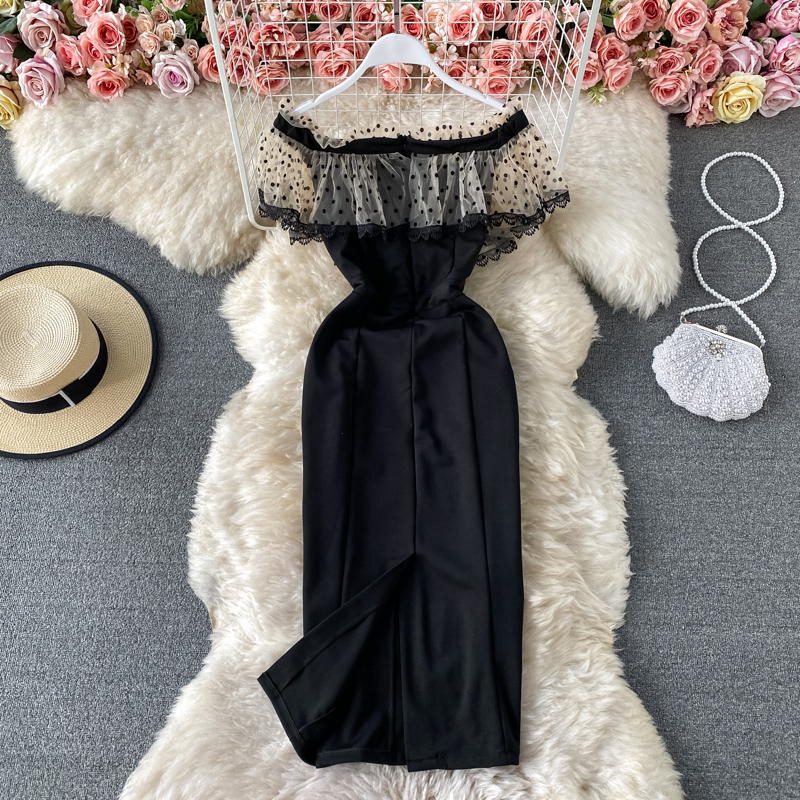 2023 Vestidos Temperament Woman Dress Slash Collar Ladies Robe Dot Print Mesh Dress Summer Ruffled High Waist Elegant Vestido