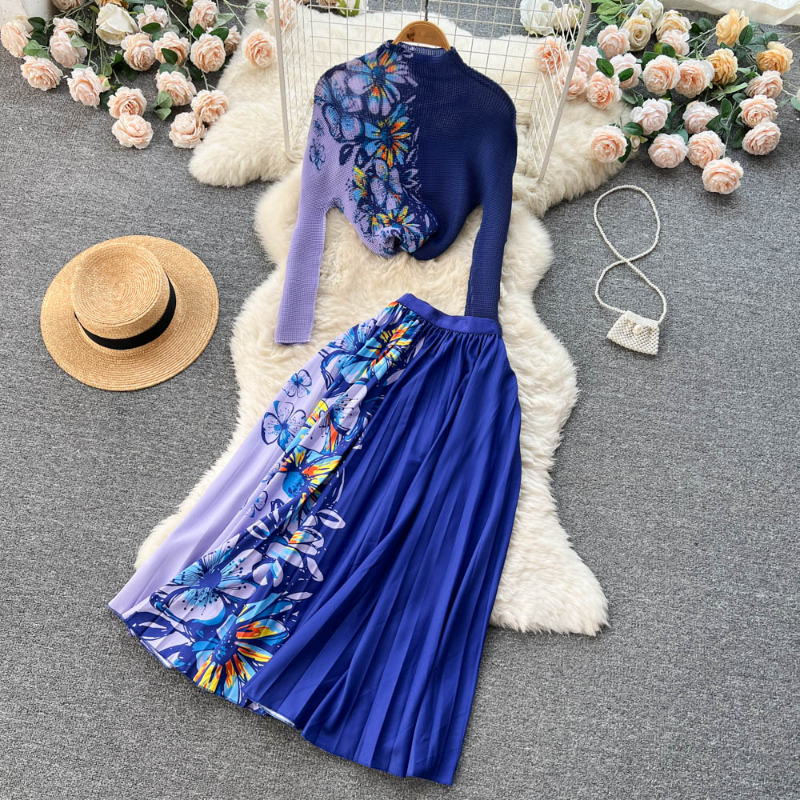 Moda feminina Autumn moda elegante vestido de duas peças Conjunto sólido de peito duplo tampas curtas Cantura alta saia longa plissada duas peças conjunto 2023