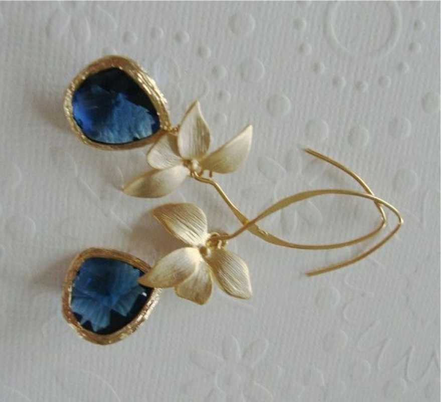 Charme mode geel goud kleur bloem blauw kristal drop bengelen oorbellen voor vrouwen