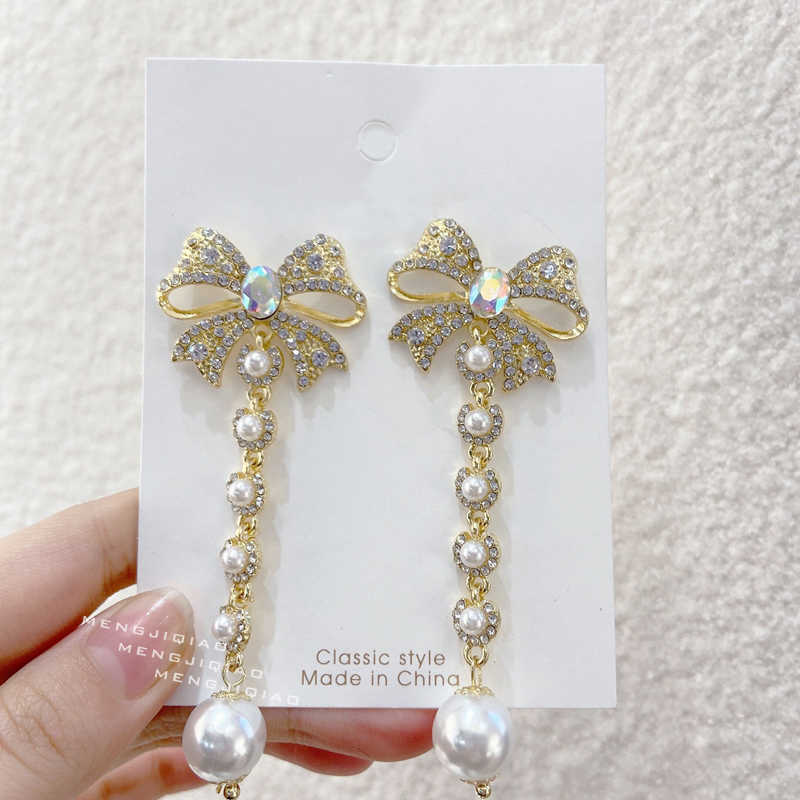 Charm MENGJIQIAO Korean Elegant Rhinestone Bowknot Drop Earrings For Women Girls Fashion Long Pearl Pendientes Party Jewelry Gifts G230225