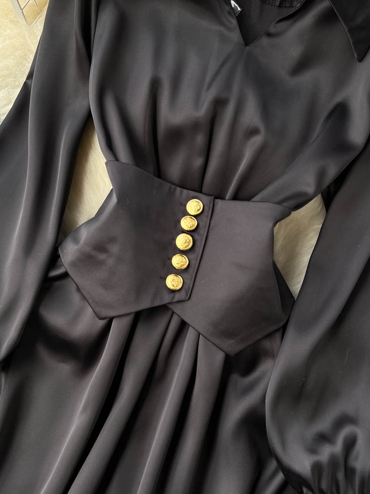 Nya avslappnade v￥rens h￶sten Casual Dresses Solid Slim Full Lady Dress A Line TurnDown Collar Chiffon Pullover Mid-Calf Women Dresses 2023