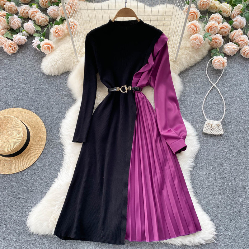 Korean Dresses Stand Neck Long Sleeve Contrast Color Patchwork Knit Robe Femme Slim Waist Belt Pleated Vestidos De Mujer 2023