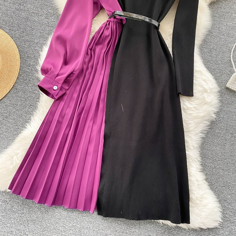 Korean Dresses Stand Neck Long Sleeve Contrast Color Patchwork Knit Robe Femme Slim Waist Belt Pleated Vestidos De Mujer 2023