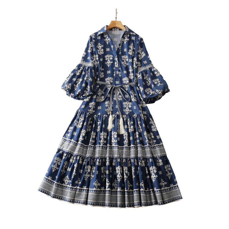 2023 Spring Blue Paisley Print Belted Cotton Dress 3/4 Lantern Sleeve Lapel Neck Paneled Midi Casual Dresses S2D201654