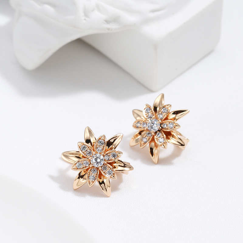 Charm Kinel 2022 New 585 Rose Gold Sexy Earrings Unusual Metal Flower Natural Zircon Women's Earrings Party Girls Exaggerated Jewelry G230225