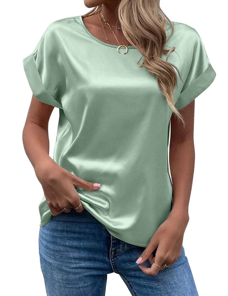 Summer Women Short Sleeve Satin Blouses Casual Loose Crewneck Silk Shirts Roll Up Sleeve Tunic Tops