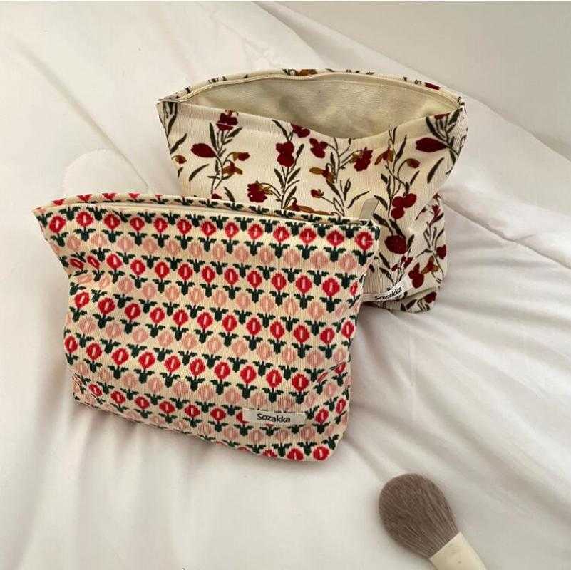 Borse portaoggetti Borsa cosmetici da viaggio Borsa da toilette bellezza Borsa da toilette donna Borsa trucco in velluto a coste ragazza Custodia cosmetici con stampa floreale retrò Y2302