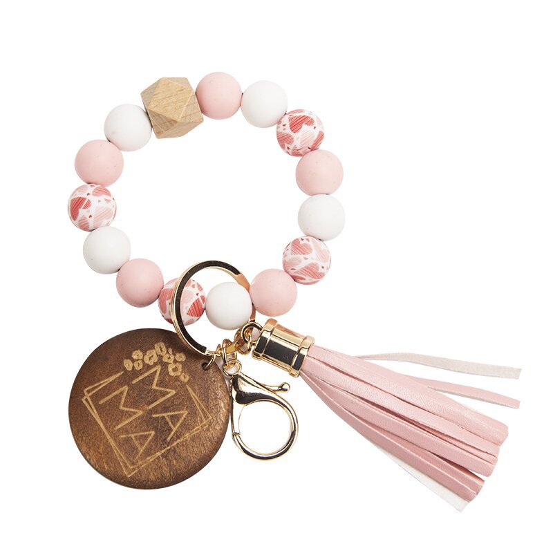 Silikonpärlad nyckelringhänge med Mama Chip Leather Tassel Armband Mors dag Present Keyring Key Chains