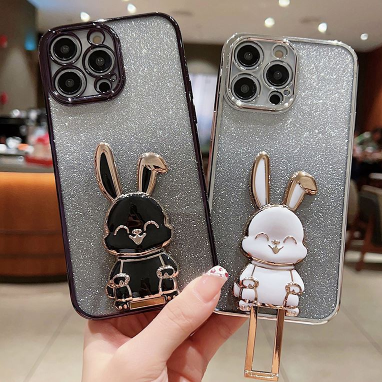 Coque de téléphone avec support de lapin de dessin animé mignon, étui de luxe plaqué à paillettes pour iPhone 11 12 13 14 Pro Max X Xs Max Xr 7 8 14 Plus