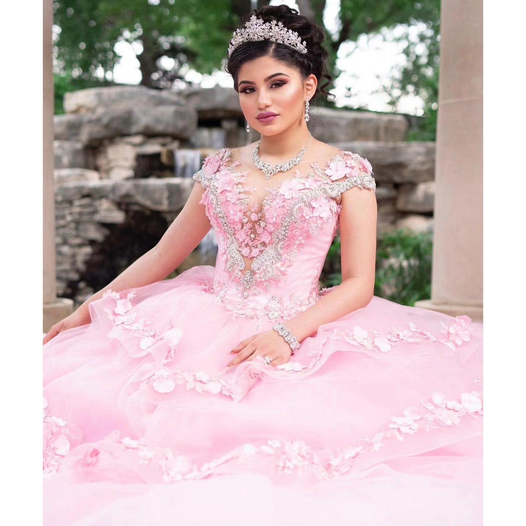 Великолепное розовое платье quinceanera ball hounds beads аппликации.