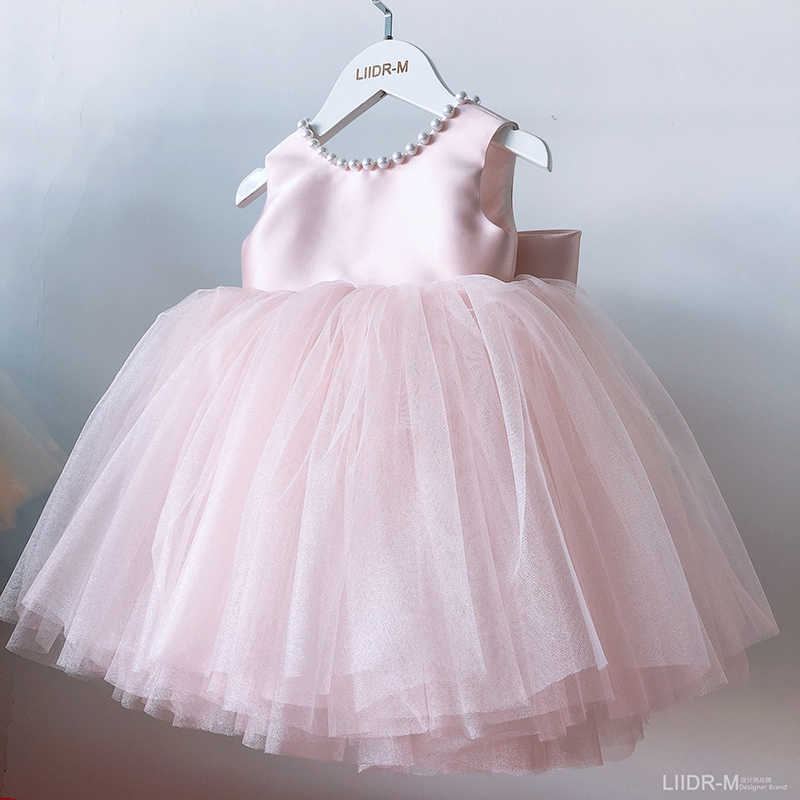 女の子のドレスビーズとビッグボウチャイルドプリンセスバースデーフロック子供vバックレスパフィーウェディング服を着た淡いピンクの女の赤ちゃんドレス