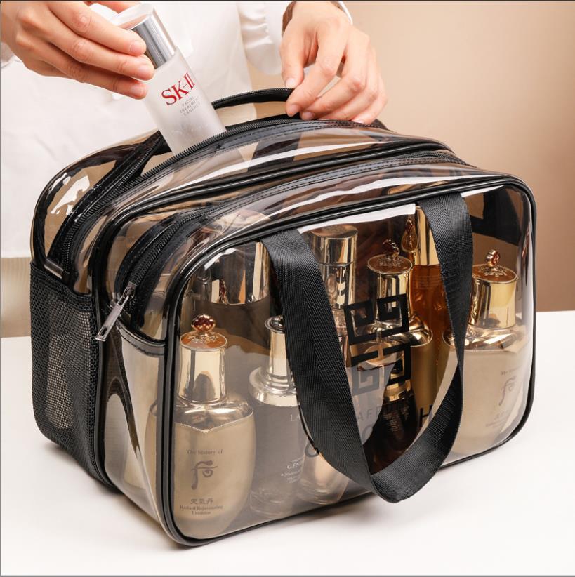 Trousse de maquillage trousses de toilette grands sacs cosmétiques de voyage drainant étanche Transparent PVC fermeture éclair fourre-tout pochette à bagages avec poignée réutilisable Portable