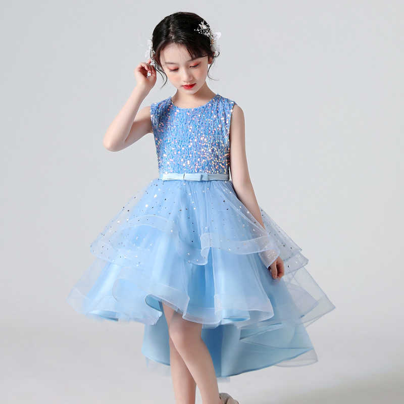 Robes de fille Robe de soirée pour filles sans manches en coton maille dentelle ceinture scintillante noeud papillon plissé robe de princesse spectacle robe de bal d'anniversaire patchwork