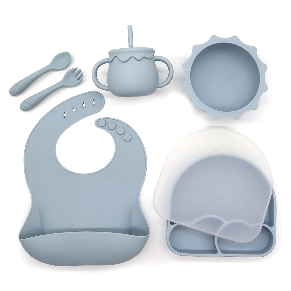 Wholesale Baby Feeding Dinnerware Set Soft Spoon BPA Free Suction Silicone Plate Toddler Bowl Waterproof Baby Bibs lids dodgers