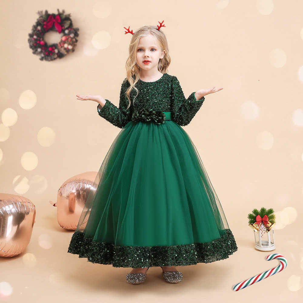 Flickas klänningar gröna julklänningar för flickor vinter långärmad barnfest prinsessa kommer 4-14 år paljett solid elegant Xmas vestidos w0224