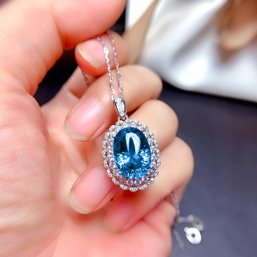 Pendentif Colliers Ensemble de bijoux de style européen et américain géométrique cristal bleu ciel zircon diamant plaqué or blanc bague fille cadeau de bijoux de fête de mariage
