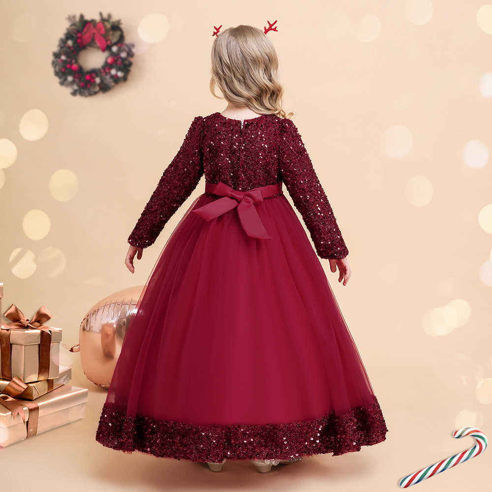 Girl's Dresses Green Christmas Dresses For Girls Winter Long Sleeve Kids Party Princess Come 4-14 Yrs Sequin Solid Elegant Xmas Vestidos