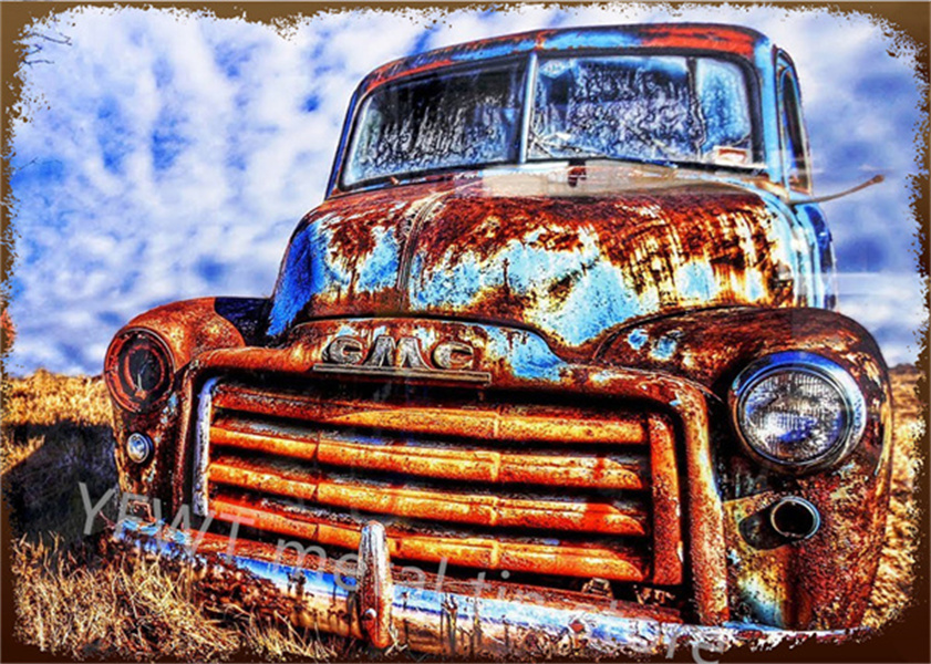 Klassiska pickup bilar konst målning retro metall skylt vintage tennskylt dekorativ plack garage man grotta hem dekoration vintage bil affischer tennskylt storlek 30x20 cm w02