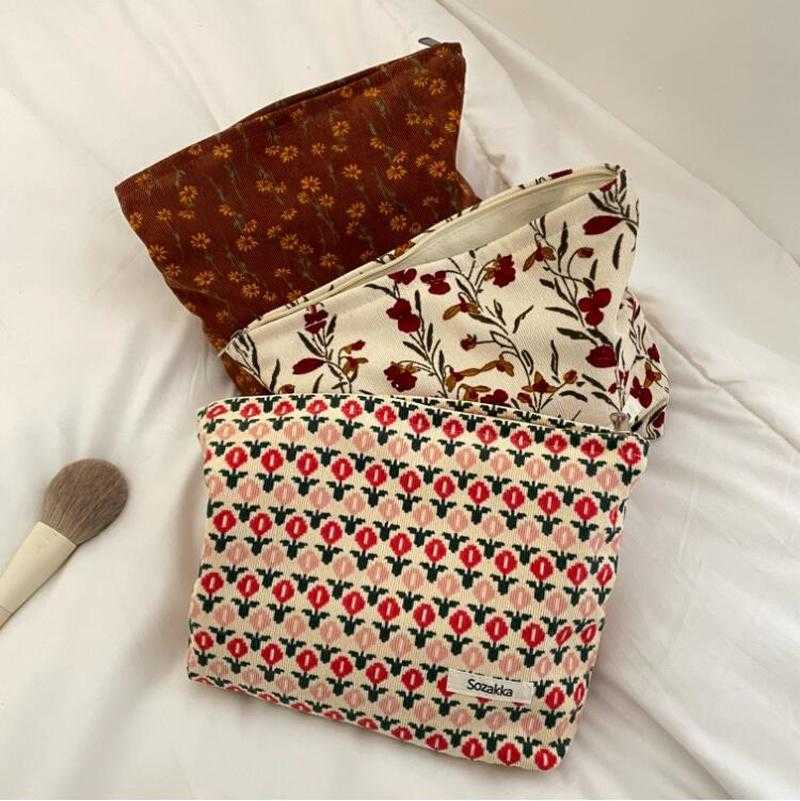 Borse portaoggetti Borsa cosmetici da viaggio Borsa da toilette bellezza Borsa da toilette donna Borsa trucco in velluto a coste ragazza Custodia cosmetici con stampa floreale retrò Y2302