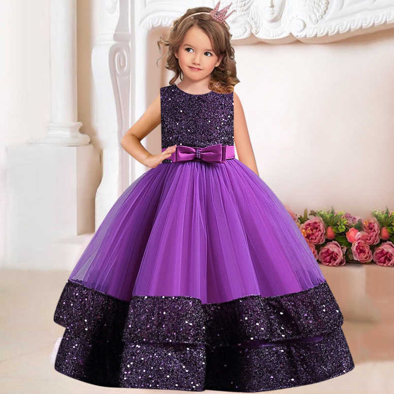 Vestidos da menina Nova lantejoulas meninas infantis elegante casamento pérola pétala menina vestido princesa festa beleza concurso sem mangas rendas tule 3-12 anos