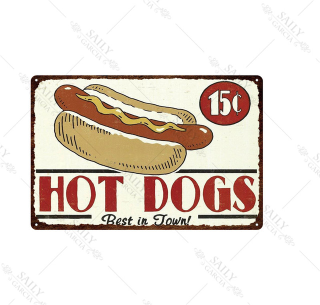 Fast Food Blechschild Vintage Metall Malerei Schild Plakette Metall Vintage Hot Dog Wanddekoration für Küche Café Diner Bar Metallschilder 30 x 20 cm W03