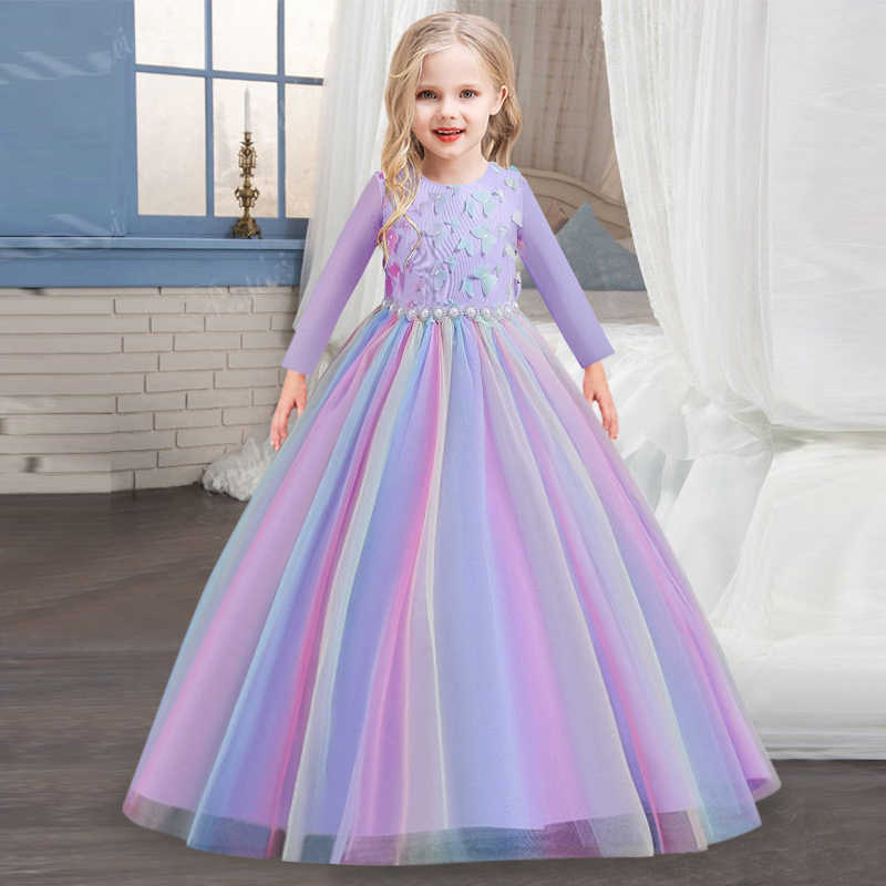 Robes de Fille Robe de Princesse à Manches Longues pour Filles 4-12 ans Robe de mariée en Dentelle pour Filles Robe avec nœud Robe de soirée de Noël