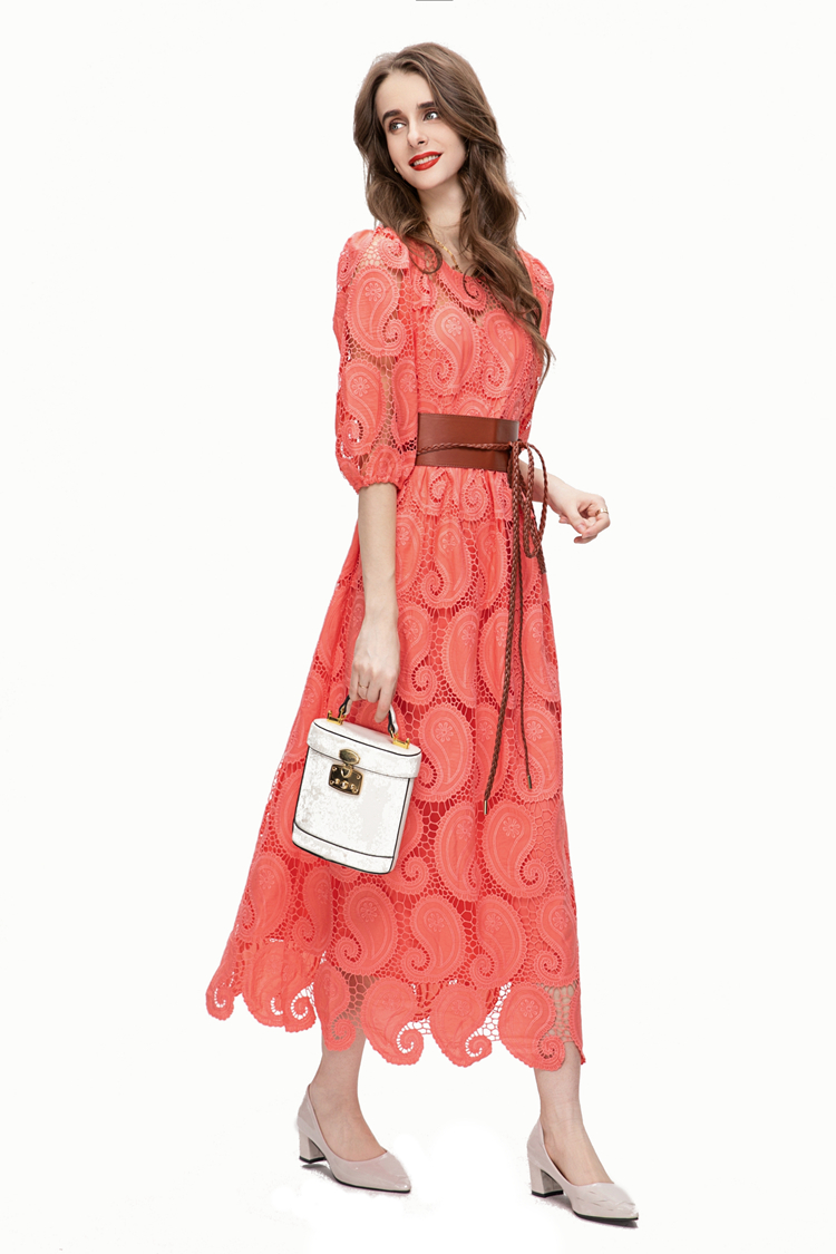 Women's Runway Dresses O Neck 3/4 Sleeves Embroidery Hollow Out Elegant Designer Party Prom Gown