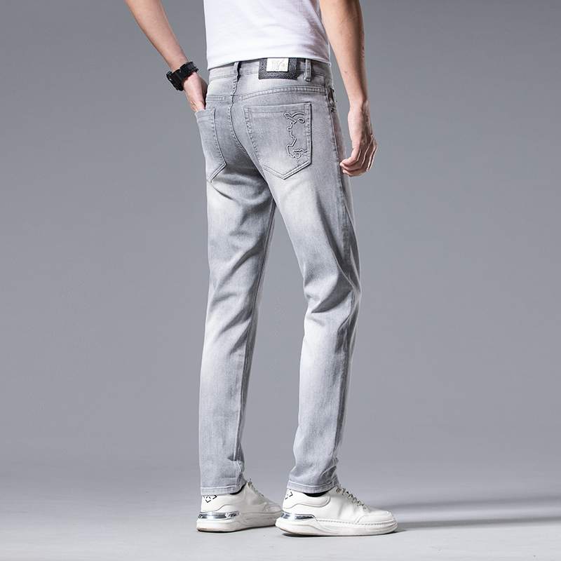 Herr jeans vår sommar tunt smal fit europeisk amerikansk avancerade märke små raka dubbla f byxor q9541-4