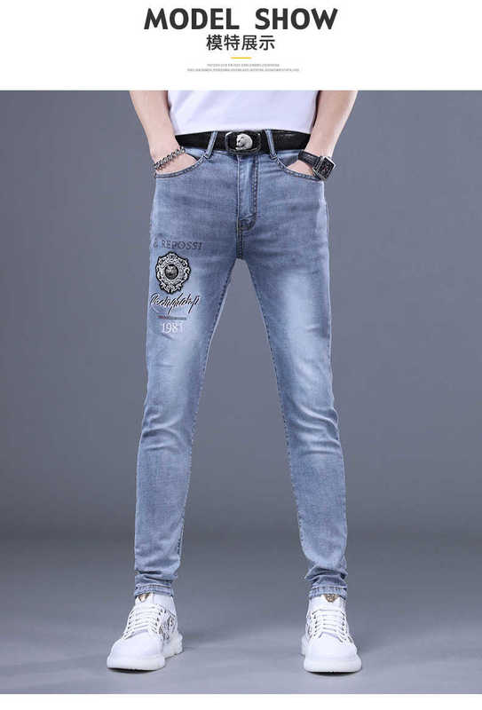 Herr jeans designer herr mode varumärke ungdom smal passar små fötter elastiska heta borr broderier jeans byxor wgi4