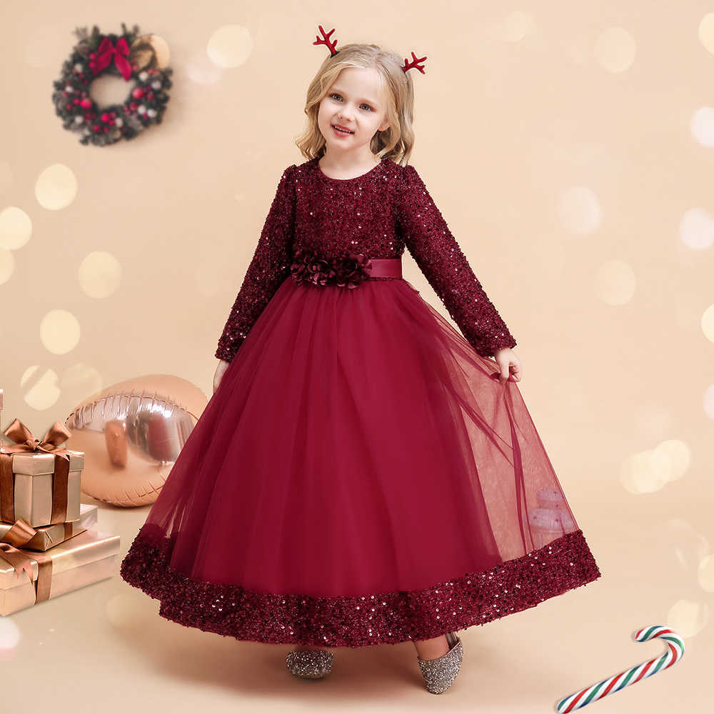 Vestidos de niña Vestidos de Navidad verdes para niñas Invierno Manga larga Fiesta infantil Princesa Ven 4-14 años Lentejuelas Sólido Elegante Vestidos de Navidad W0224