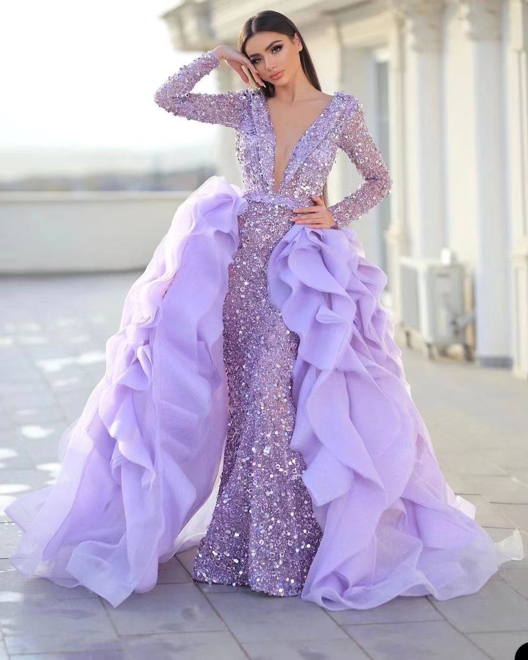 Deep V Devel Evening Dresses Vricts Mermaid Sequin Parkle Long Sleeve Prom Dress مع قطار قابل للفصل سيدات Vestido de Novia 2023