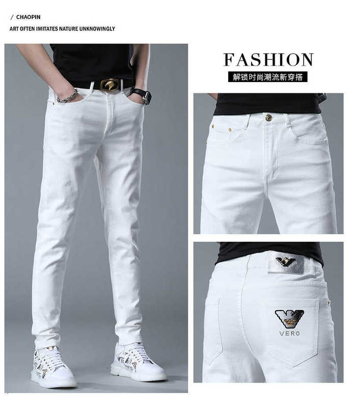 Men's Jeans Designer Spring and summer white denim pants men's casual embroidery hot drill elastic middle waist Slim Skinny Men 9KVE