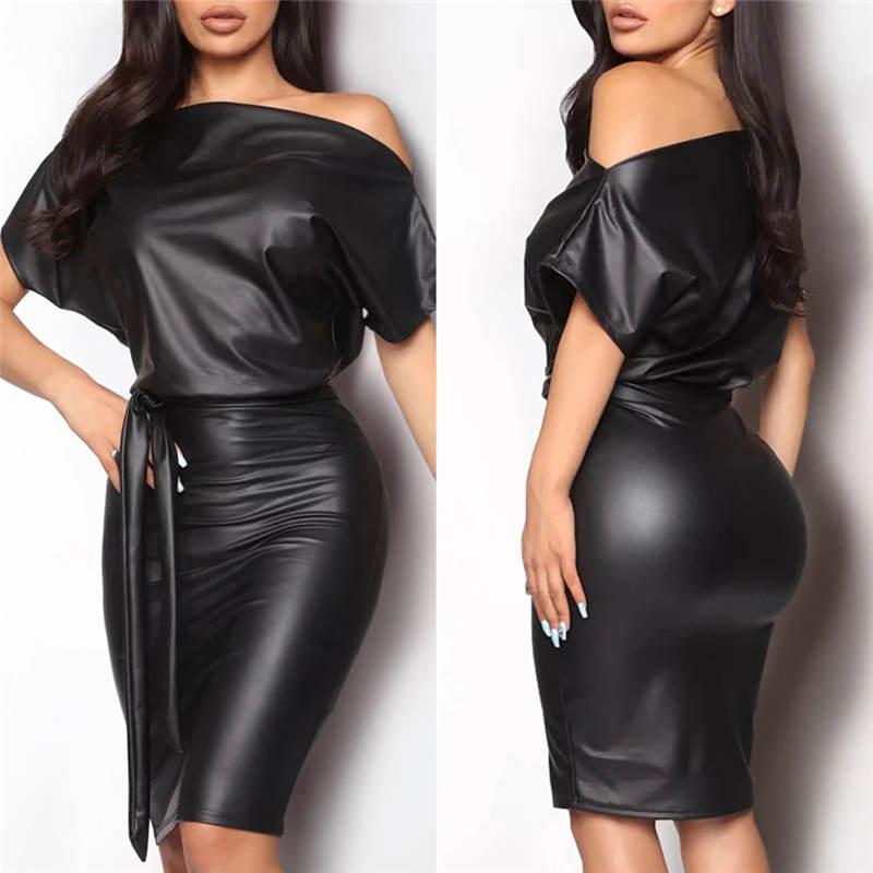 New Casual Dresses Black Asymmetrical Sexy Faux Leather Bodycon Dress Women Summer short Sleeve Knee Length Pencil