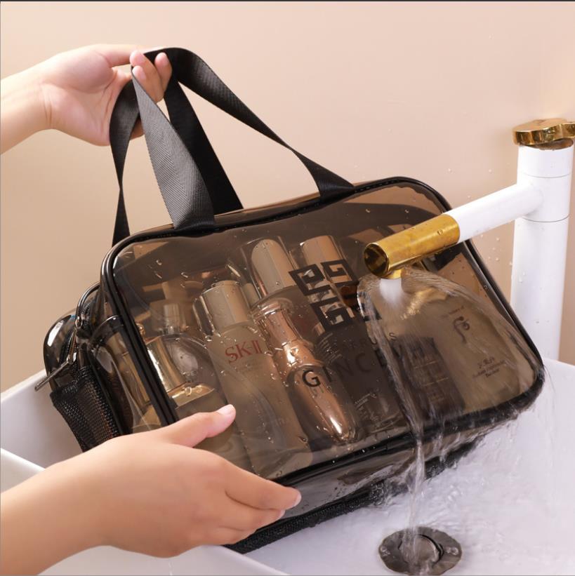 Trousse de maquillage trousses de toilette grands sacs cosmétiques de voyage drainant étanche Transparent PVC fermeture éclair fourre-tout pochette à bagages avec poignée réutilisable Portable